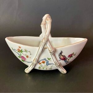 Vintage  Japan Mid Century Porcelain Basket with Bamboo Handle